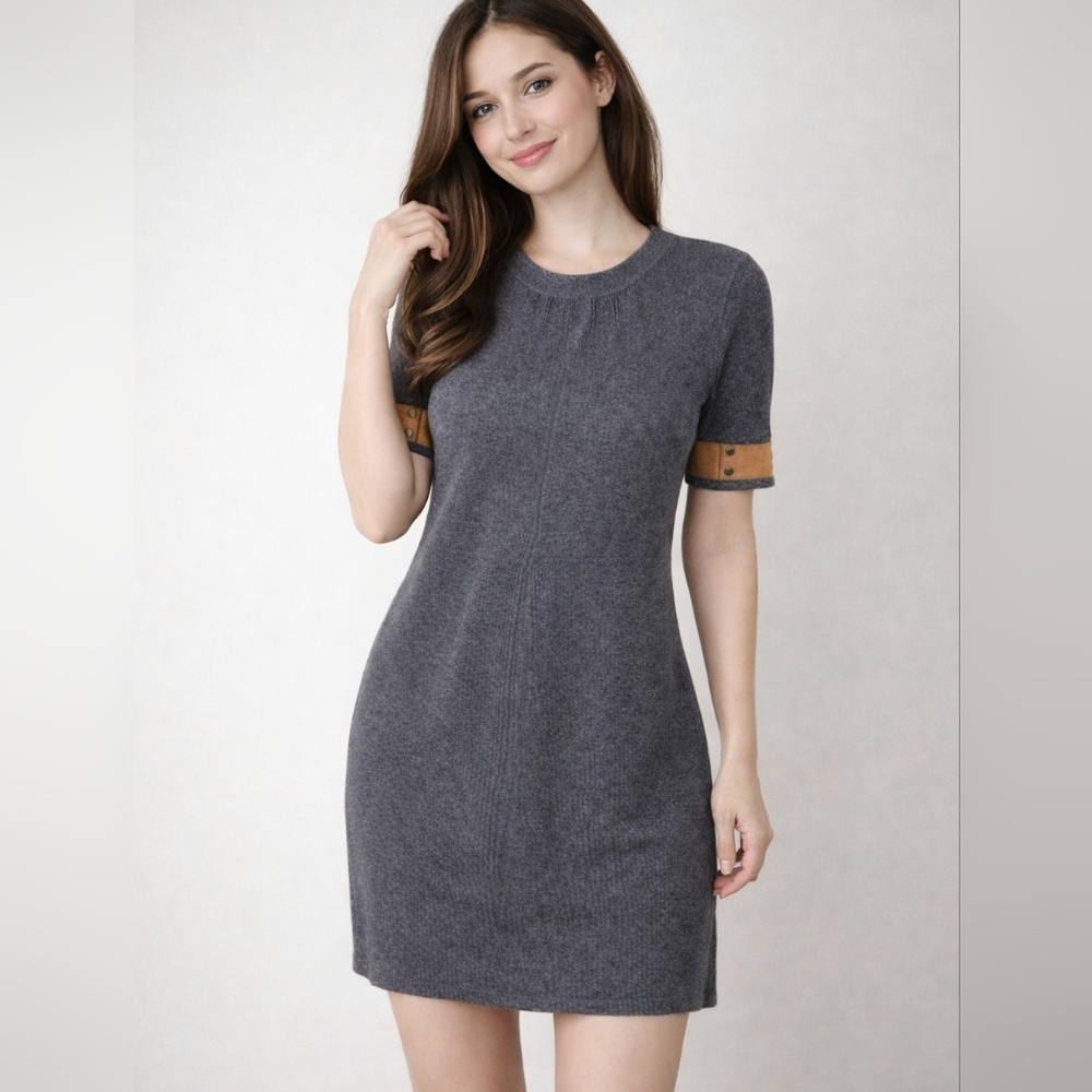 Liz Claiborne, Gray, Sheath Sweater Dress, Pullover, Brown Accents, Gold Buttons